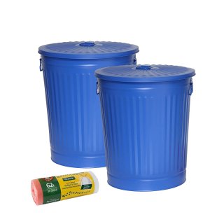 Jinfa 2er-Set Retrodesign Mlleimer mit Griffen und Deckel + 30 Mllbeutel | Blau | 62L