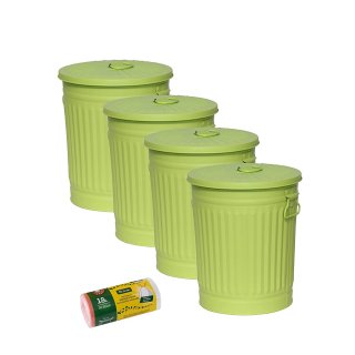 Jinfa 4er-Set Retrodesign Mlleimer mit Griffen und Deckel + 50 Mllbeutel | Grn | 18L