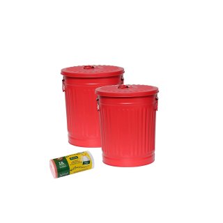 Jinfa 2er-Set Retrodesign Mlleimer mit Griffen und Deckel + 50 Mllbeutel | Rot | 18L