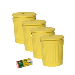 Jinfa 4er-Set Retrodesign Mlleimer mit Griffen und Deckel + 50 Mllbeutel | Gelb | 18L