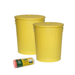 Jinfa 2er-Set Retrodesign Mlleimer mit Griffen und Deckel + 30 Mllbeutel | Gelb | 62L
