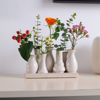 Jinfa 1 Set aus 7 kleinen Vasen auf festem Sockel | handgefertigte Blumenvasen Tischdeko | Antik-Wei