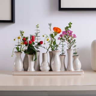 Jinfa 4 Set aus 10 kleinen Vasen auf festem Sockel | handgefertigte Blumenvasen Tischdeko | Antik-Wei