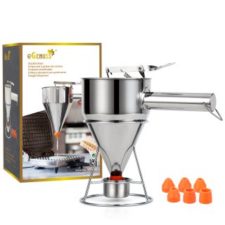 eGenuss 1 Edelstahl Backtrichter Pfannkuchen Teigspender + 7 verschiedenen Dsen + fester Stnder mit Teigsammler + Tasche | Teigportionierer mit graduiertem Ma | 1200ml