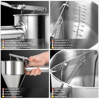 eGenuss 1 Edelstahl Backtrichter Pfannkuchen Teigspender + 7 verschiedenen Dsen + fester Stnder mit Teigsammler + Tasche | Teigportionierer mit graduiertem Ma | 1200ml