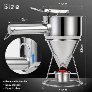 eGenuss 1 Edelstahl Backtrichter Pfannkuchen Teigspender + 7 verschiedenen Dsen + fester Stnder mit Teigsammler + Tasche | Teigportionierer mit graduiertem Ma | 1200ml