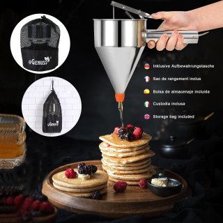 eGenuss 1 Edelstahl Backtrichter Pfannkuchen Teigspender + 7 verschiedenen Dsen + fester Stnder mit Teigsammler + Tasche | Teigportionierer mit graduiertem Ma | 1200ml