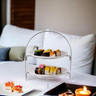 eGenuss Teller Etagere 2 Etagen Edelstahl Serviergestell 2 Etagen mit rutschfeste F��e Telleretagere Gestell f�r 2 Teller - Sp�lmaschinenfest 2-st�ckige Etagere f�r Teller Servierst�nder