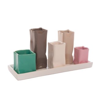 Jinfa Assortment of 5 Ceramic Flower Vases - Decorative Flower Pots - 1 Tray of 5 Multicolored Vases