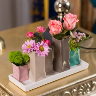 Jinfa Assortment of 5 Ceramic Flower Vases - Decorative Flower Pots - 1 Tray of 5 Multicolored Vases