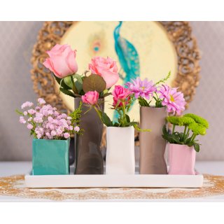 Jinfa Assortment of 5 Ceramic Flower Vases - Decorative Flower Pots - 1 Tray of 5 Multicolored Vases