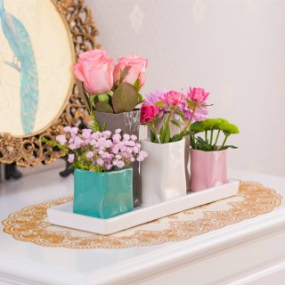 Jinfa Assortment of 5 Ceramic Flower Vases - Decorative Flower Pots - 1 Tray of 5 Multicolored Vases