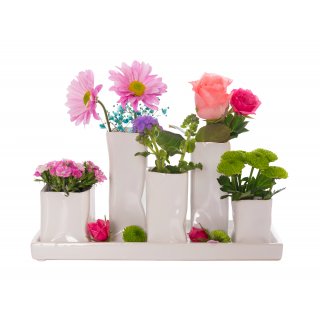 Jinfa Assortiment de 5 Vases � Fleurs en C�ramique - Pots de Fleurs D�coratifs - 1 Plateau de 5 Vases Blancs