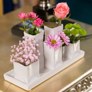 Jinfa Assortiment de 5 Vases � Fleurs en C�ramique - Pots de Fleurs D�coratifs - 1 Plateau de 5 Vases Blancs