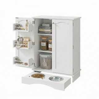 Hundeschrank mit Futtern�pfen, Haustier Futterstation mit Stauraum, Wei�er Tierfutterschrank mit 2 Edelstahln�pfen, Verstellbaren Regalen, Seitlichen Ablagen und Kippschutz, 59,7 x 31 x 80,5 cm