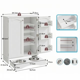 Hundeschrank mit Futtern�pfen, Haustier Futterstation mit Stauraum, Wei�er Tierfutterschrank mit 2 Edelstahln�pfen, Verstellbaren Regalen, Seitlichen Ablagen und Kippschutz, 59,7 x 31 x 80,5 cm