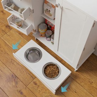 Hundeschrank mit Futtern�pfen, Haustier Futterstation mit Stauraum, Wei�er Tierfutterschrank mit 2 Edelstahln�pfen, Verstellbaren Regalen, Seitlichen Ablagen und Kippschutz, 59,7 x 31 x 80,5 cm