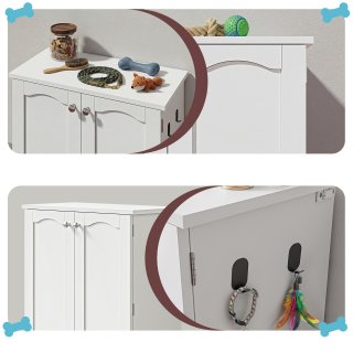 Hundeschrank mit Futtern�pfen, Haustier Futterstation mit Stauraum, Wei�er Tierfutterschrank mit 2 Edelstahln�pfen, Verstellbaren Regalen, Seitlichen Ablagen und Kippschutz, 59,7 x 31 x 80,5 cm