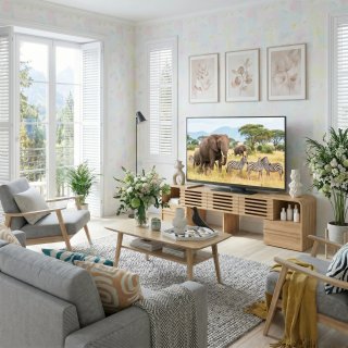 eGenuss TV Lowboard ausziehbar & verstellbar in Eichenoptik, Fernsehtisch f�r TVs bis 60 Zoll, TV-Schrank mit Lamellent�ren, drehbaren Seitenmodulen & Stauraum, modernes TV M�bel, 162,5 cm