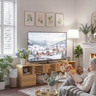 eGenuss TV Lowboard ausziehbar & verstellbar in Eichenoptik, Fernsehtisch f�r TVs bis 60 Zoll, TV-Schrank mit Lamellent�ren, drehbaren Seitenmodulen & Stauraum, modernes TV M�bel, 162,5 cm