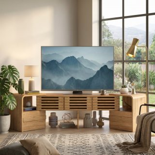 eGenuss TV Lowboard ausziehbar & verstellbar in Eichenoptik, Fernsehtisch f�r TVs bis 60 Zoll, TV-Schrank mit Lamellent�ren, drehbaren Seitenmodulen & Stauraum, modernes TV M�bel, 162,5 cm