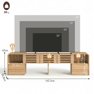 eGenuss TV Lowboard ausziehbar & verstellbar in Eichenoptik, Fernsehtisch f�r TVs bis 60 Zoll, TV-Schrank mit Lamellent�ren, drehbaren Seitenmodulen & Stauraum, modernes TV M�bel, 162,5 cm