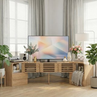 eGenuss TV Lowboard ausziehbar & verstellbar in Eichenoptik, Fernsehtisch f�r TVs bis 60 Zoll, TV-Schrank mit Lamellent�ren, drehbaren Seitenmodulen & Stauraum, modernes TV M�bel, 162,5 cm