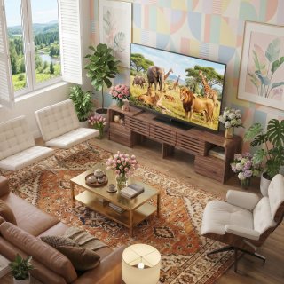 eGenuss TV Lowboard ausziehbar & verstellbar in Nussbaumfarben, Fernsehtisch f�r TVs bis 60 Zoll, TV-Schrank mit Lamellent�ren, drehbaren Seitenmodulen & Stauraum, modernes TV M�bel, 162,5 cm