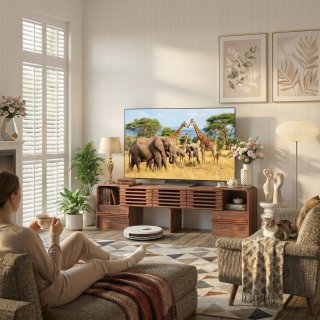eGenuss TV Lowboard ausziehbar & verstellbar in Nussbaumfarben, Fernsehtisch f�r TVs bis 60 Zoll, TV-Schrank mit Lamellent�ren, drehbaren Seitenmodulen & Stauraum, modernes TV M�bel, 162,5 cm