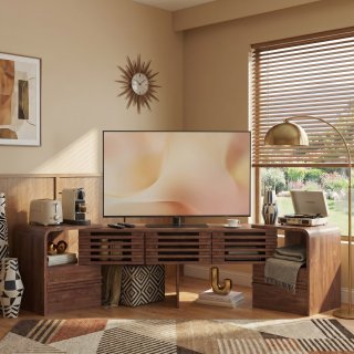 eGenuss TV Lowboard ausziehbar & verstellbar in Nussbaumfarben, Fernsehtisch f�r TVs bis 60 Zoll, TV-Schrank mit Lamellent�ren, drehbaren Seitenmodulen & Stauraum, modernes TV M�bel, 162,5 cm
