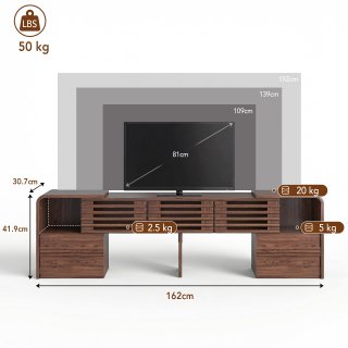 eGenuss TV Lowboard ausziehbar & verstellbar in Nussbaumfarben, Fernsehtisch f�r TVs bis 60 Zoll, TV-Schrank mit Lamellent�ren, drehbaren Seitenmodulen & Stauraum, modernes TV M�bel, 162,5 cm
