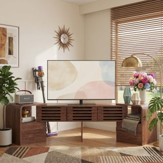 eGenuss TV Lowboard ausziehbar & verstellbar in Nussbaumfarben, Fernsehtisch f�r TVs bis 60 Zoll, TV-Schrank mit Lamellent�ren, drehbaren Seitenmodulen & Stauraum, modernes TV M�bel, 162,5 cm
