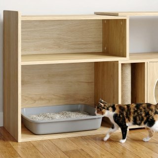 Katzenklo Schrank Holzoptik, Katzenm�bel mit Verstecktem Katzenklo, Katzenhaus mit Stauraum, Kratzs�ule und Offenen Regalen, Katzenm�bel Indoor, 61,2 x 87,7 x 65,5 cm