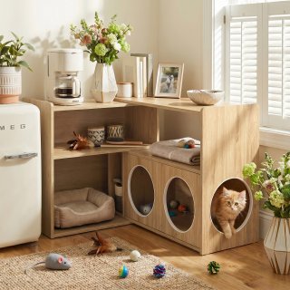 Katzenklo Schrank Holzoptik, Katzenm�bel mit Verstecktem Katzenklo, Katzenhaus mit Stauraum, Kratzs�ule und Offenen Regalen, Katzenm�bel Indoor, 61,2 x 87,7 x 65,5 cm