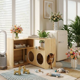 Katzenklo Schrank Holzoptik, Katzenm�bel mit Verstecktem Katzenklo, Katzenhaus mit Stauraum, Kratzs�ule und Offenen Regalen, Katzenm�bel Indoor, 61,2 x 87,7 x 65,5 cm