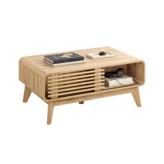 eGenuss Moderner Couchtisch in Eiche-Optik mit Schiebet�r aus Lamellen, Offenem Ablagefach und Massivholzbeinen, 100 x 60 x 42 cm, Natur