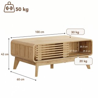 eGenuss Moderner Couchtisch in Eiche-Optik mit Schiebet�r aus Lamellen, Offenem Ablagefach und Massivholzbeinen, 100 x 60 x 42 cm, Natur