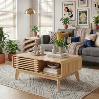 eGenuss Moderner Couchtisch in Eiche-Optik mit Schiebet�r aus Lamellen, Offenem Ablagefach und Massivholzbeinen, 100 x 60 x 42 cm, Natur