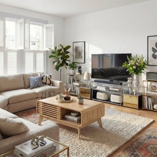 eGenuss Moderner Couchtisch in Eiche-Optik mit Schiebet�r aus Lamellen, Offenem Ablagefach und Massivholzbeinen, 100 x 60 x 42 cm, Natur