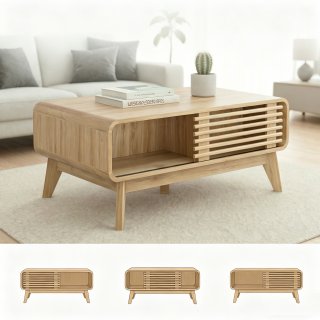 eGenuss Moderner Couchtisch in Eiche-Optik mit Schiebet�r aus Lamellen, Offenem Ablagefach und Massivholzbeinen, 100 x 60 x 42 cm, Natur