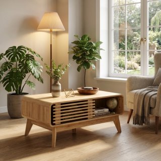 eGenuss Moderner Couchtisch in Eiche-Optik mit Schiebet�r aus Lamellen, Offenem Ablagefach und Massivholzbeinen, 100 x 60 x 42 cm, Natur