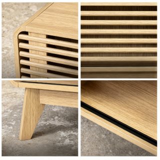 eGenuss Moderner Couchtisch in Eiche-Optik mit Schiebet�r aus Lamellen, Offenem Ablagefach und Massivholzbeinen, 100 x 60 x 42 cm, Natur