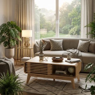 eGenuss Moderner Couchtisch in Eiche-Optik mit Schiebet�r aus Lamellen, Offenem Ablagefach und Massivholzbeinen, 100 x 60 x 42 cm, Natur