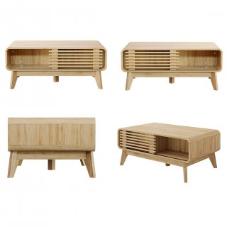eGenuss Moderner Couchtisch in Eiche-Optik mit Schiebet�r aus Lamellen, Offenem Ablagefach und Massivholzbeinen, 100 x 60 x 42 cm, Natur