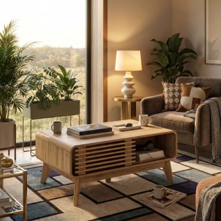 eGenuss Moderner Couchtisch in Eiche-Optik mit Schiebet�r aus Lamellen, Offenem Ablagefach und Massivholzbeinen, 100 x 60 x 42 cm, Natur
