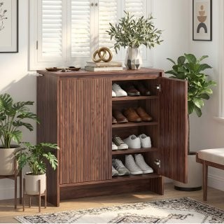 eGenuss Schuhschrank Walnuss Optik mit Lamellent�ren, moderner Schuhschrank mit verstellbaren Regalen, gro�es Fassungsverm�gen, Soft Close T�ren, Kippschutz, Flur M�bel 78 x 37,1 x 85,1 cm