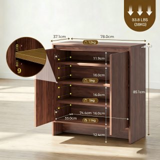eGenuss Schuhschrank Walnuss Optik mit Lamellent�ren, moderner Schuhschrank mit verstellbaren Regalen, gro�es Fassungsverm�gen, Soft Close T�ren, Kippschutz, Flur M�bel 78 x 37,1 x 85,1 cm