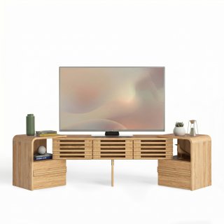 eGenuss TV Lowboard ausziehbar & verstellbar, Fernsehtisch f�r TVs bis 60 Zoll, TV-Schrank mit Lamellent�ren, drehbaren Seitenmodulen & Stauraum, modernes TV M�bel, 162,5 cm