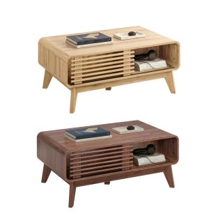eGenuss Moderner Couchtisch mit Schiebet�r aus Holzlamellen, Offenem Ablagefach und Massivholzbeinen, 100 x 60 x 42 cm, Eiche- und Walnussoptik