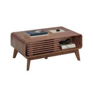 eGenuss Moderner Couchtisch mit Schiebet�r aus Holzlamellen, Offenem Ablagefach und Massivholzbeinen, 100 x 60 x 42 cm, Eiche- und Walnussoptik
